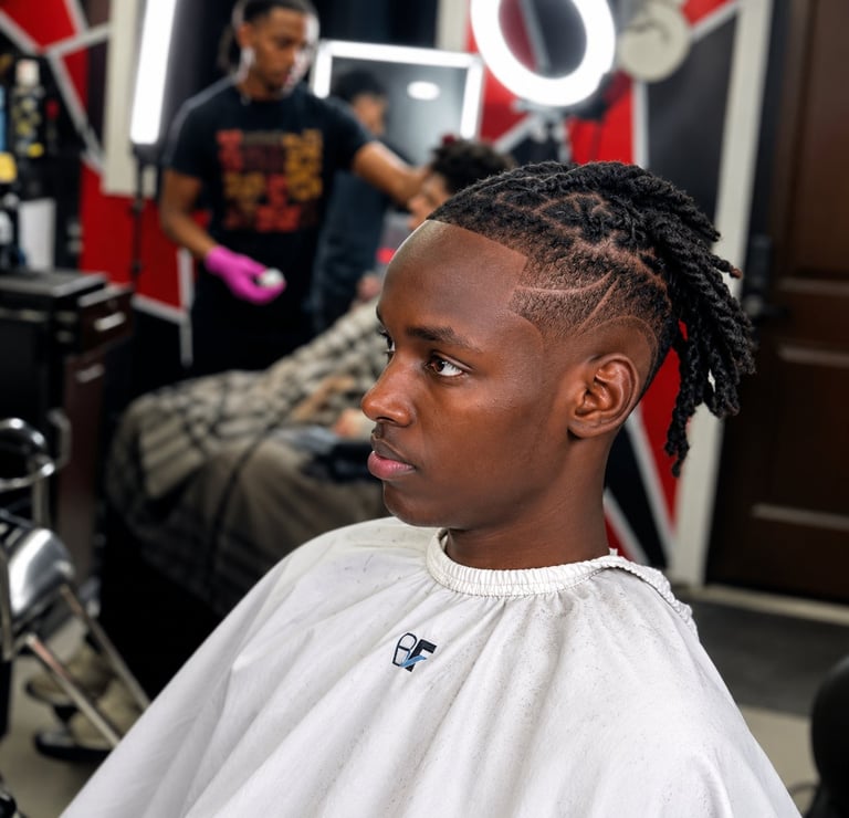 Young man getting a fresh haircut with braided and geometric line designs