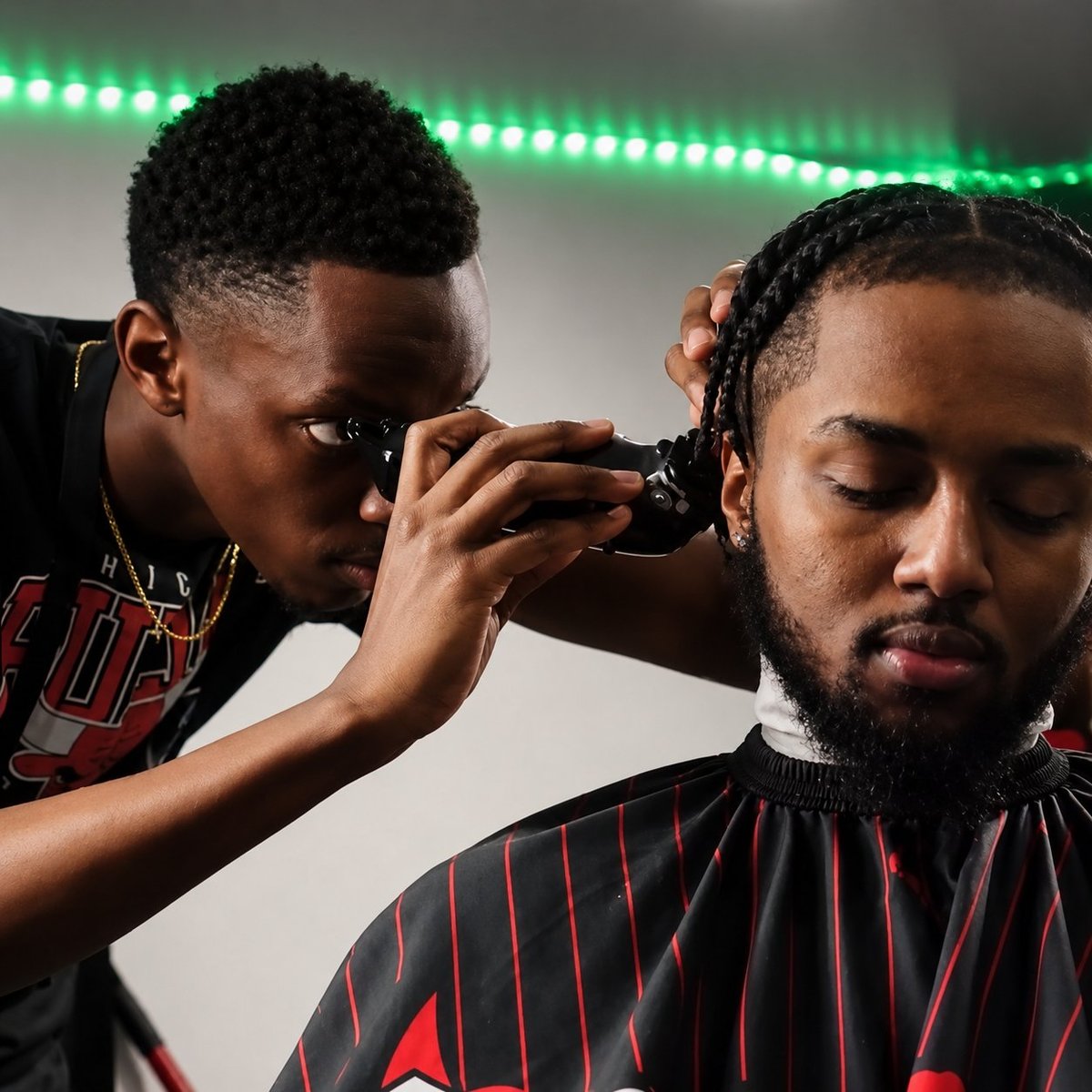 Barber using electric clippers on clients hair under neon green and pink lighting