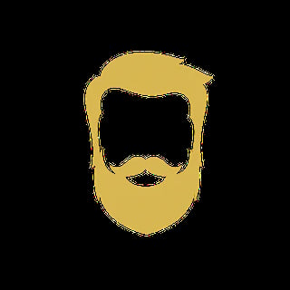 Gold silhouette of a mans face with beard and hair on black background