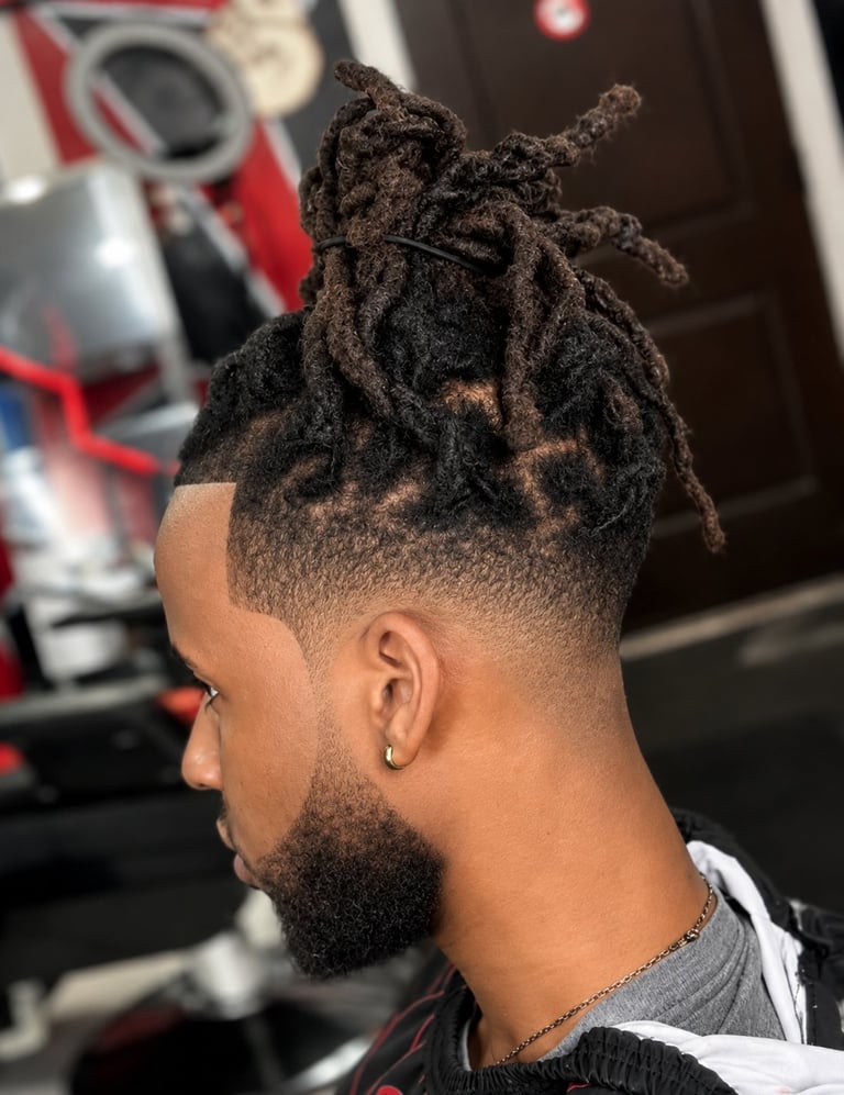 Man with styled dreadlocks in a high top knot, faded sides, and full beard, photographed in profile in a salon setting